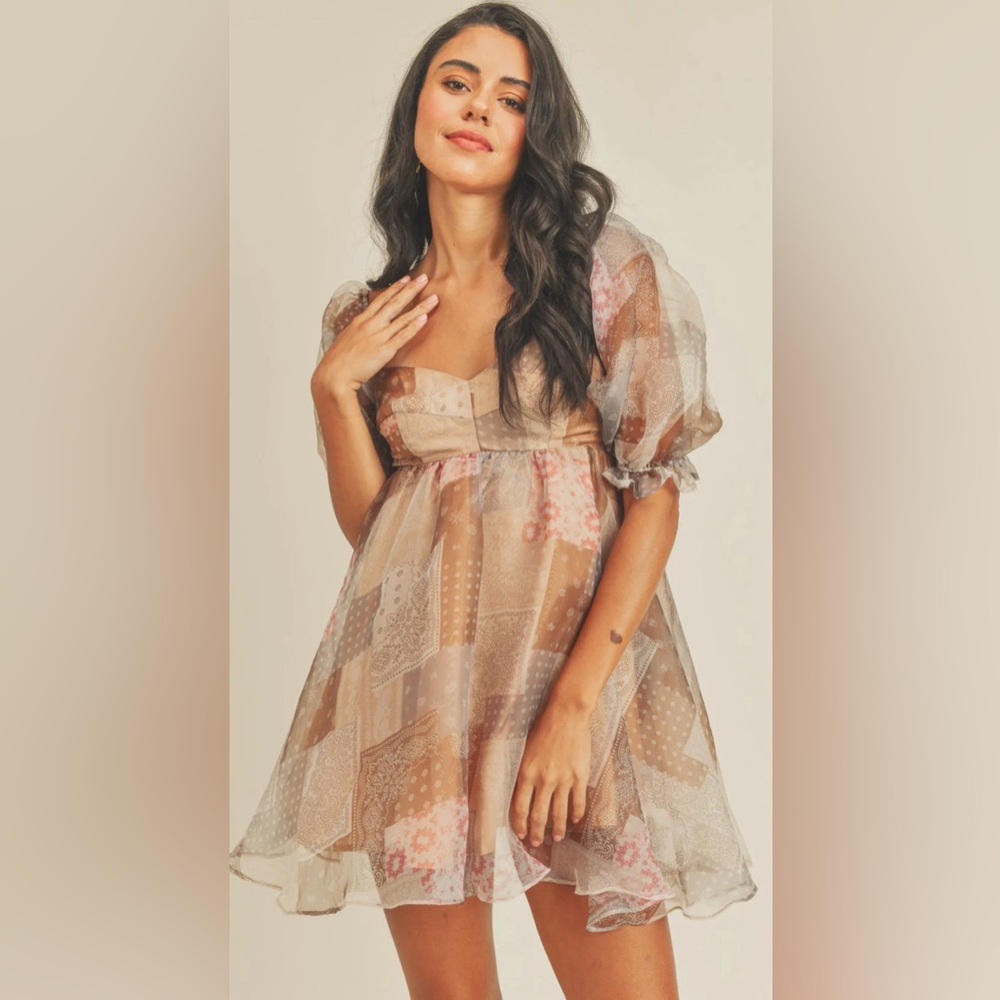 & MERCI Patchwork Puff Sleeve Babydoll Dress